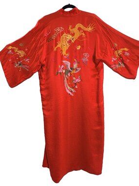 Vtg ESME Women Silk Embroidered Dragon Robe Kimono Flawed Sz OS Red 7-11